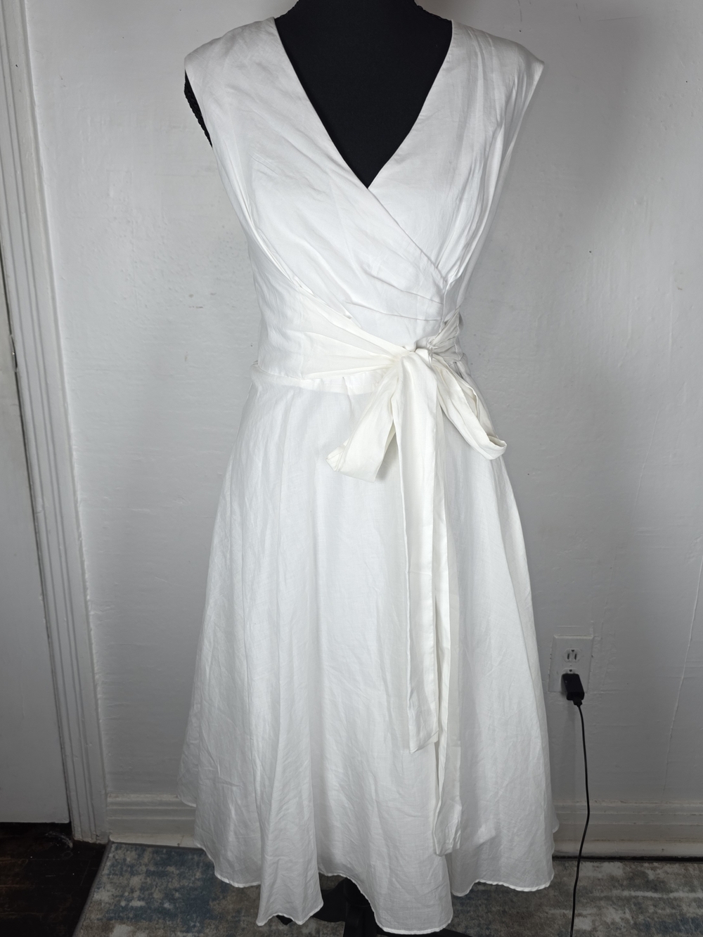 Calvin Klein White Sleeveless Wrap Dress with Waist Tie